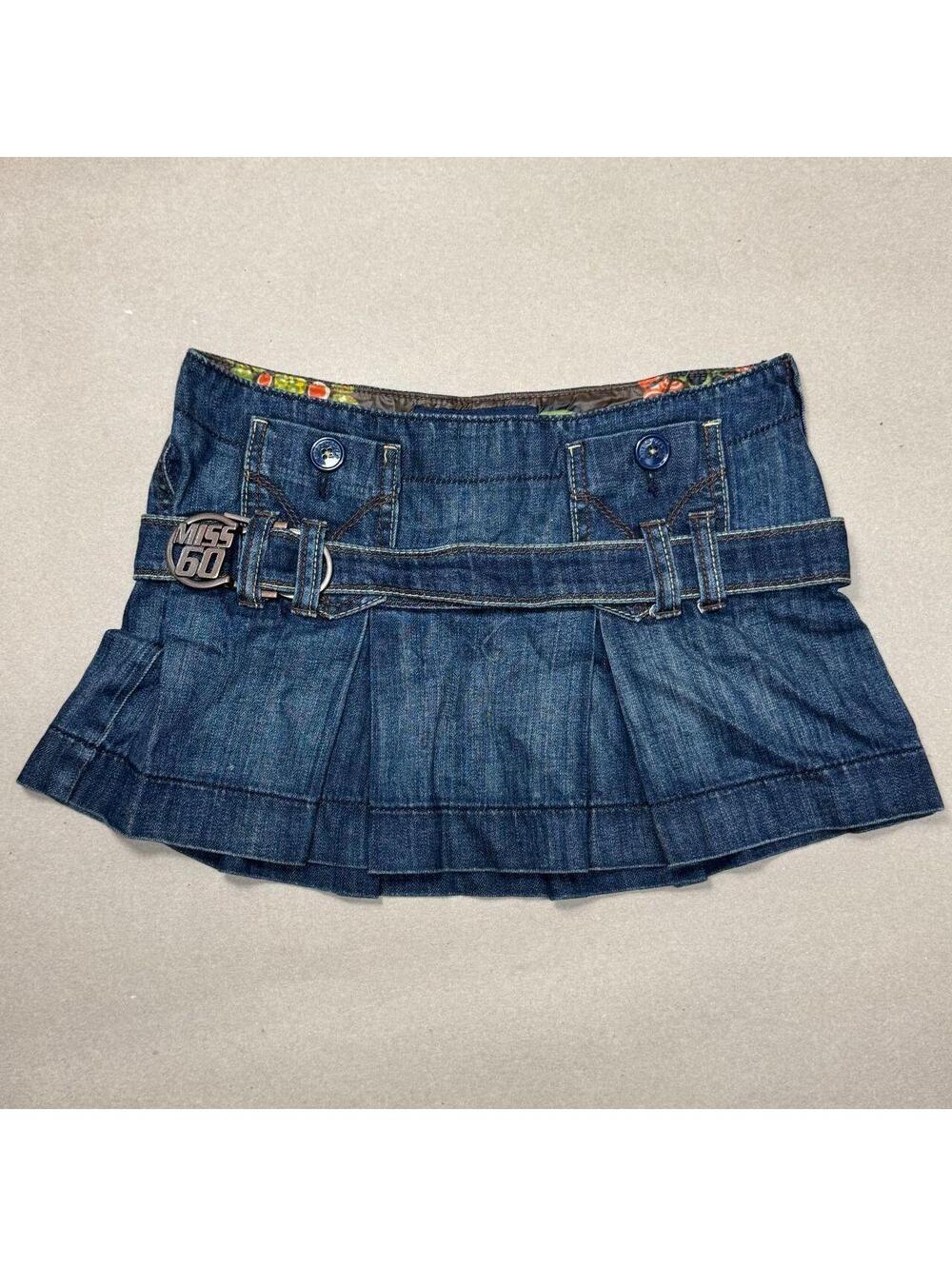 Vintage Y2K Denim Miss Sixty Micro Mini Skirt Low Rise Ruffle w/ Belt
